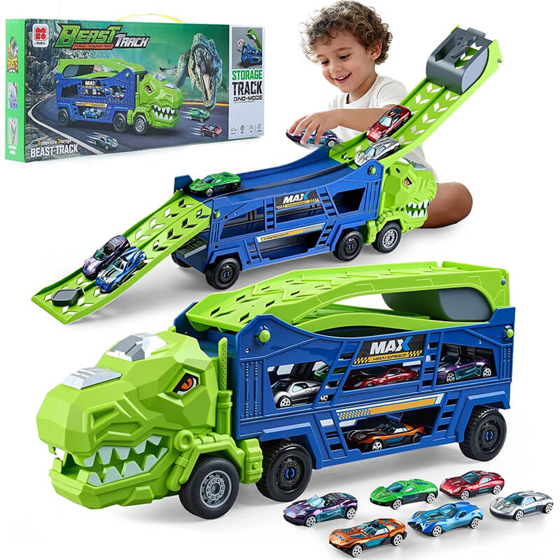Kids 3 in 1 Dinosaur Truck Toys Foldable Race Tracks Car with 6 Alloy ...