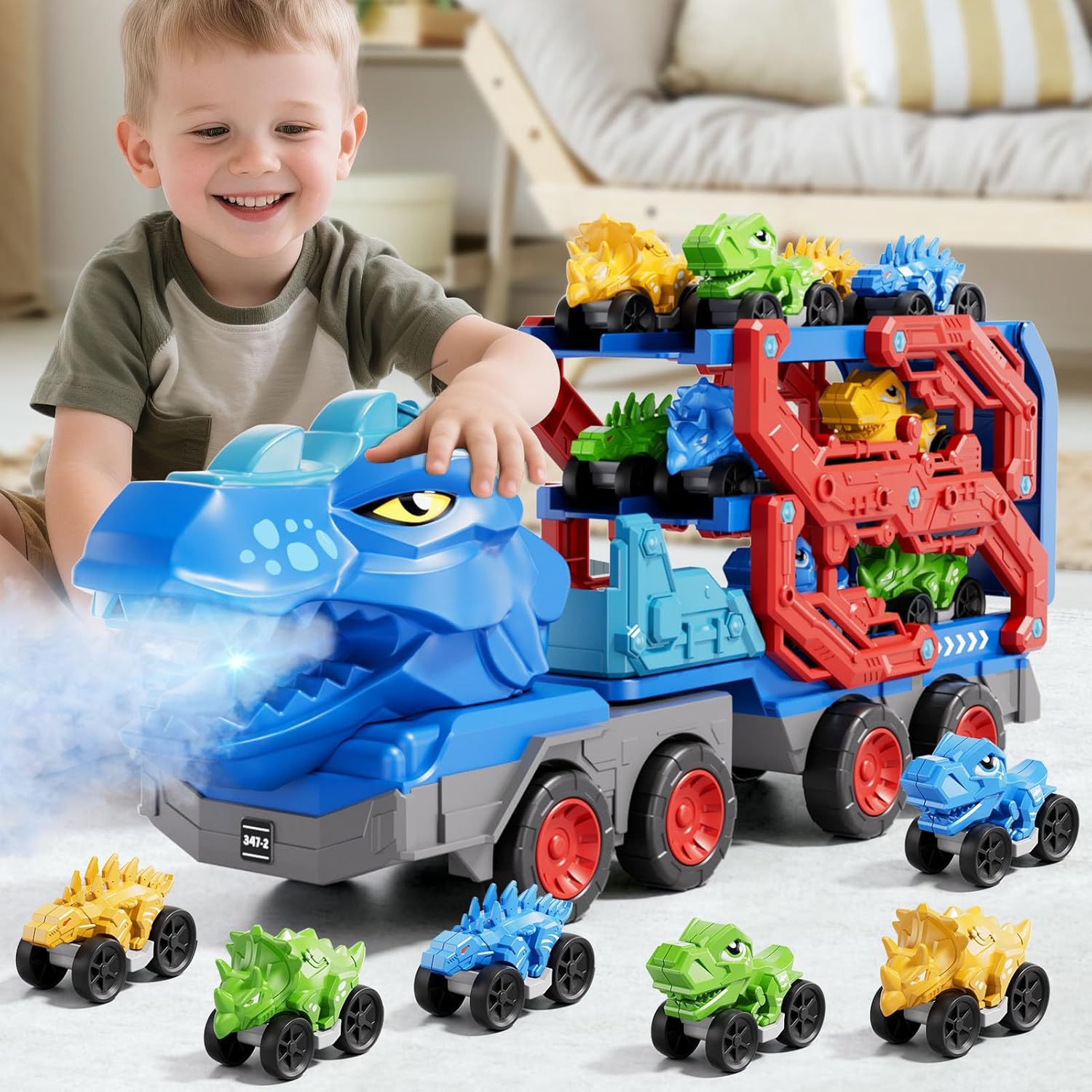 Kids Dinosaur Truck Toys 9 Dino Cars Foldable Track with Spray Light S ...