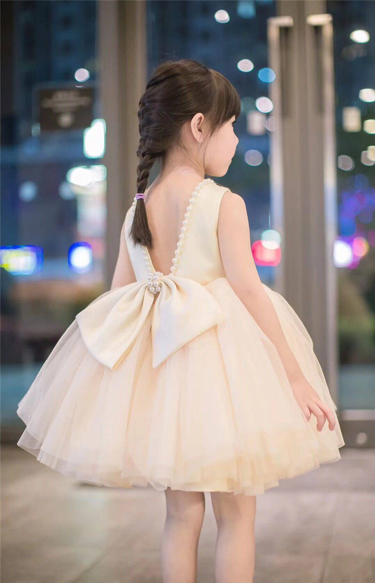 Tulle Baby Champagne Girls Backless Pearl Formal Dress Princess