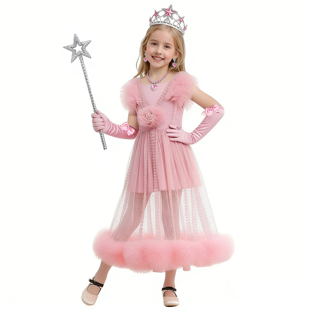 Girls Glinda Dress Good Witch Pink Princess Flowered Ruffled Tulle Gown with Camisole Slip