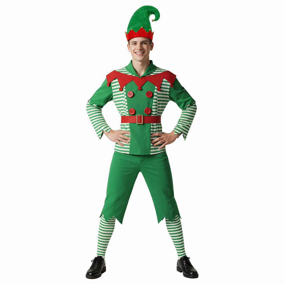 Men Elf Costume Christmas Party Oufit Green Tops Pants Hats and Shoes Full Set