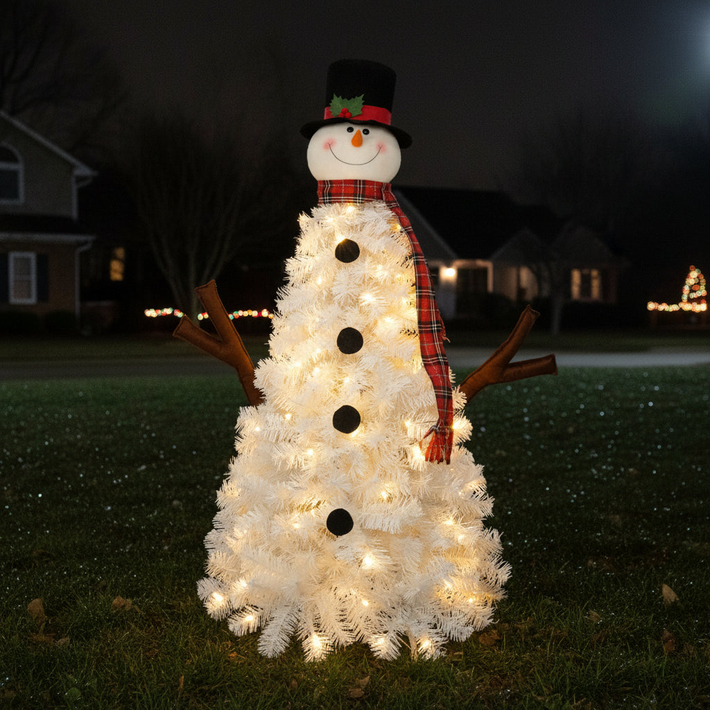 4ft Snowman-Shaped Christmas Tree with 100 Warm Lights Artificial Xmas Tree Holiday Decoration