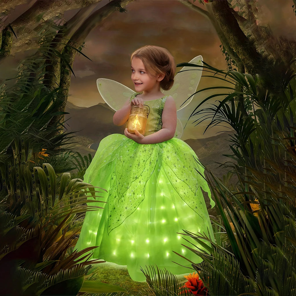 Girls Tink Bell Light Up Dress Green Ball Gown LED Costume With Wing for Dress Up Party