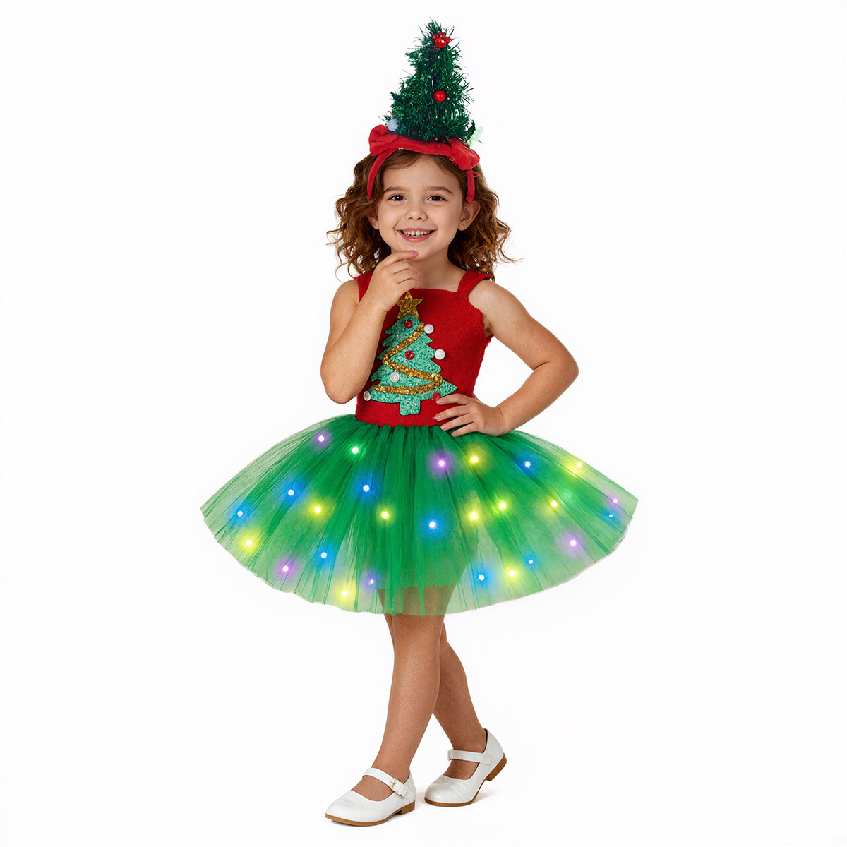 Christmas Elf Costume for Girls Toddler LED Light Up Tutu Dress and Elf Hat 2pcs Suit for Holiday Party