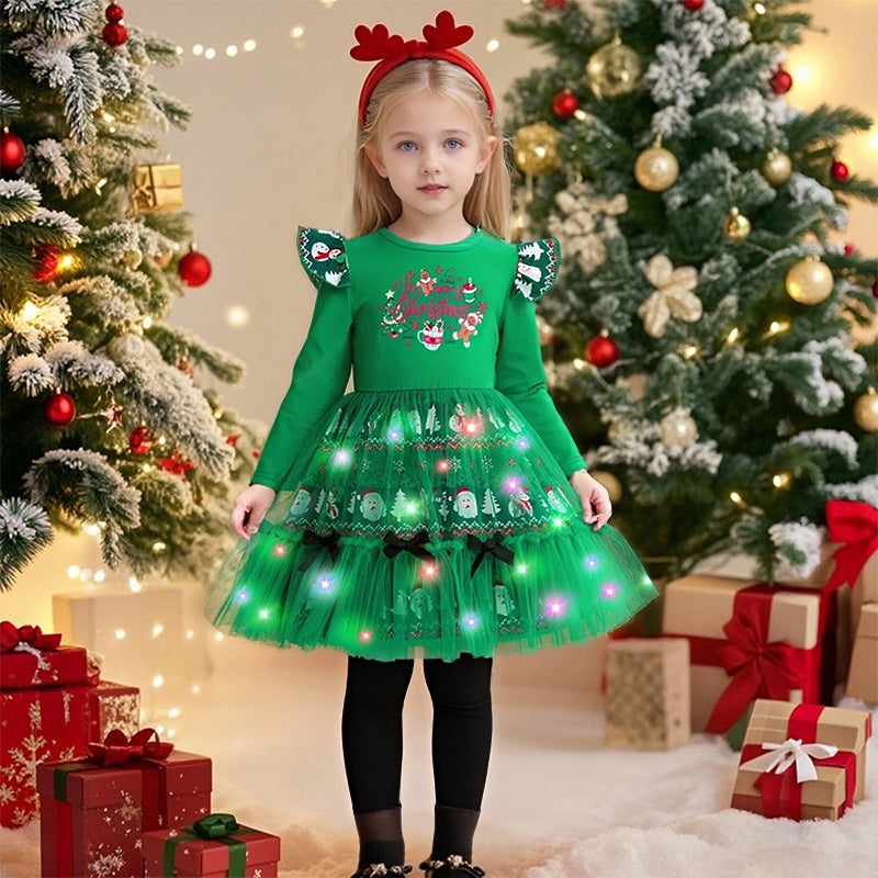 Kids LED Dress Christmas Green Light Up Dress with Headband 2pcs Suit for Party