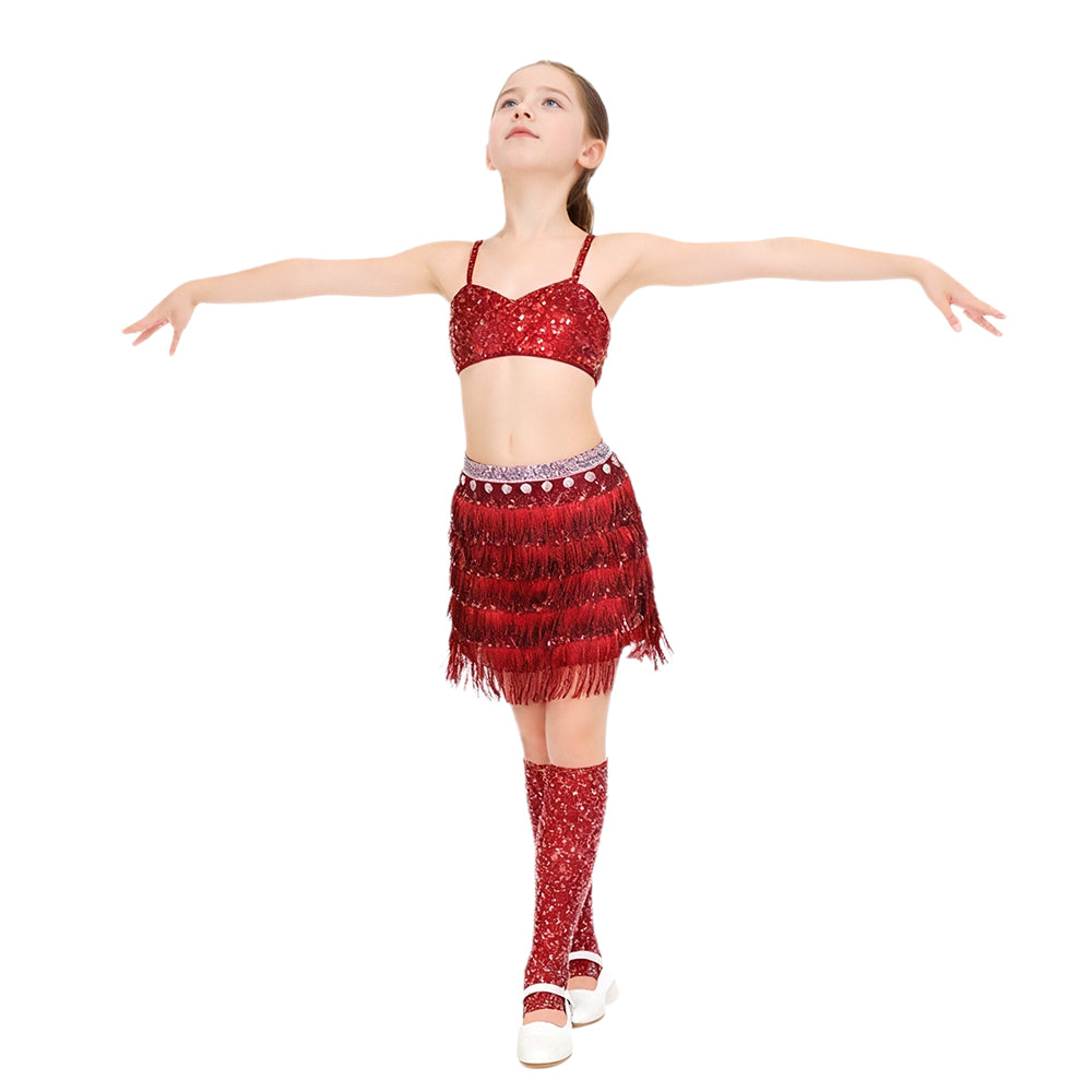 Popstar Performance Costume Red Sequin Fringe Skirt with Sparkly Bra and Socks for Cosplay