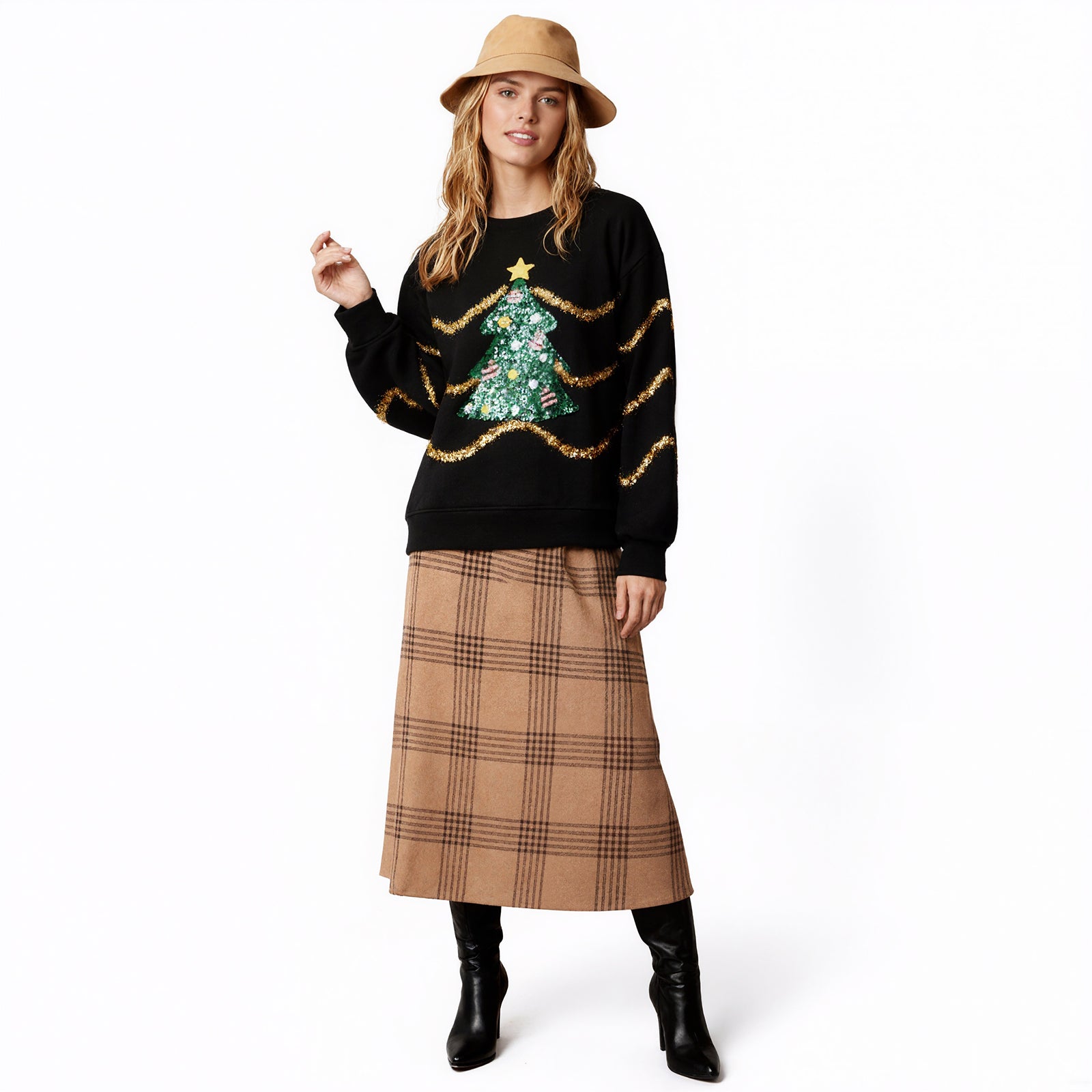 Women Christmas Top Holiday Party Outift Sequin Xmas Tree and Stripes Sweatshirt