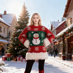 Christmas Ugly Sweater Dress Fluffy Fur Trim Holiday Party Costume for Women