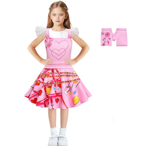 Girls Bridget Costume Queen of Hearts Pink Fly Sleeve Party Dress Bag and Gloves