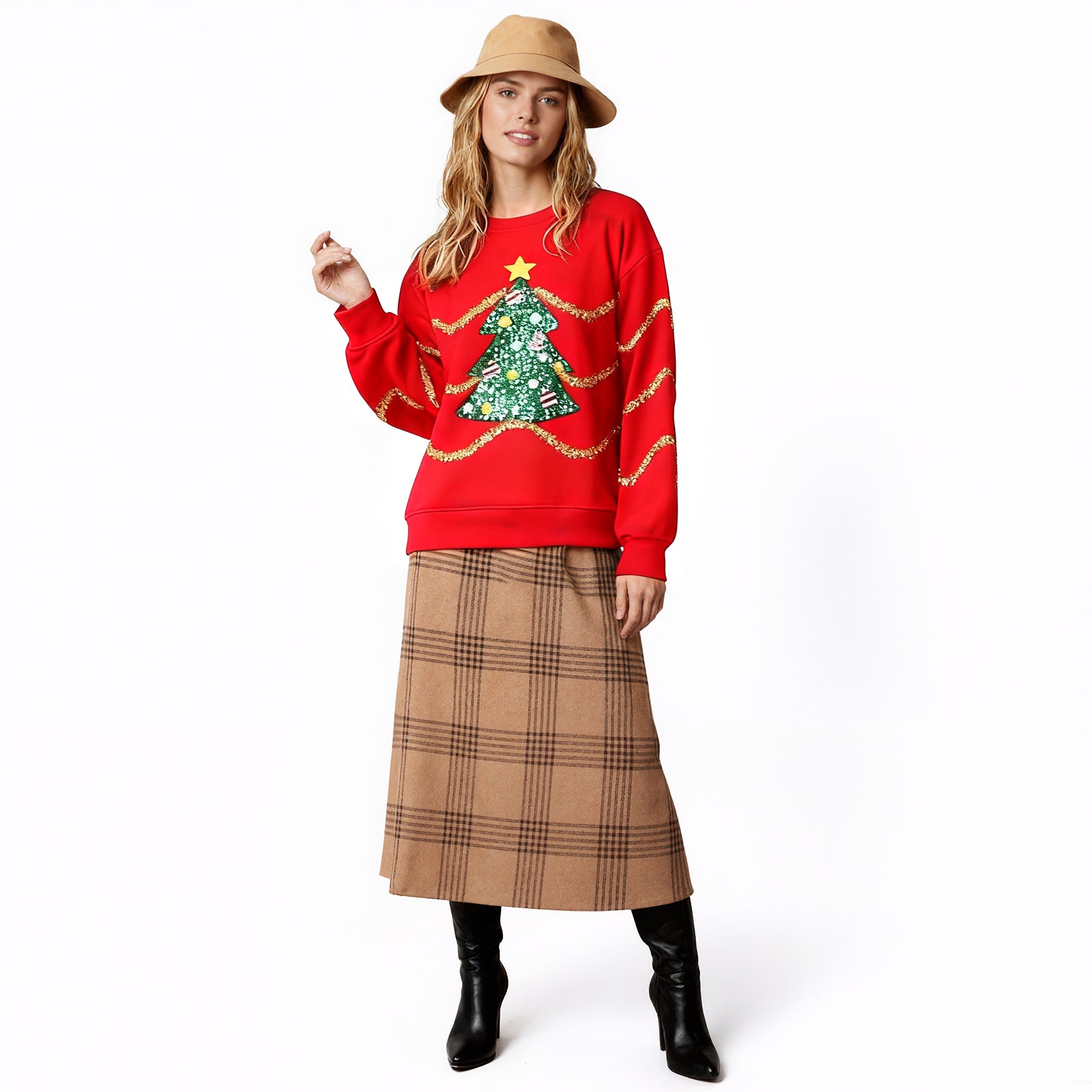 Women Christmas Top Holiday Party Outift Sequin Xmas Tree and Stripes Sweatshirt