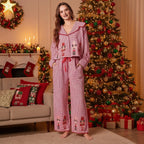 Women Christmas Pajamas Red Cozy Long-Sleeve Top and Wide-Leg Pants Jammies Set for Holiday