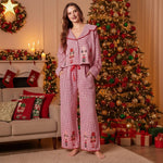 Women Christmas Pajamas Red Cozy Long-Sleeve Top and Wide-Leg Pants Jammies Set for Holiday