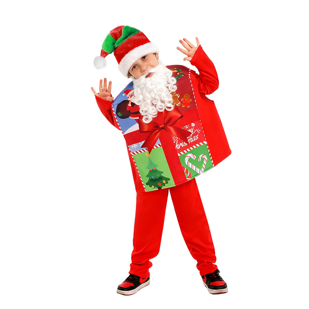 Kids Christmas Costume Unique Gift Box Tops with Hat Beard and Jumpsuit for Boys Girls