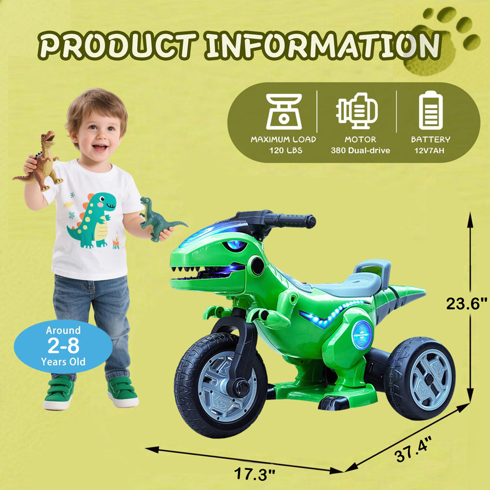 12V Kids Electric Motorcycle 3 Wheels Dinosaur Car Dual Drive Ride On Car For Boys & Girls