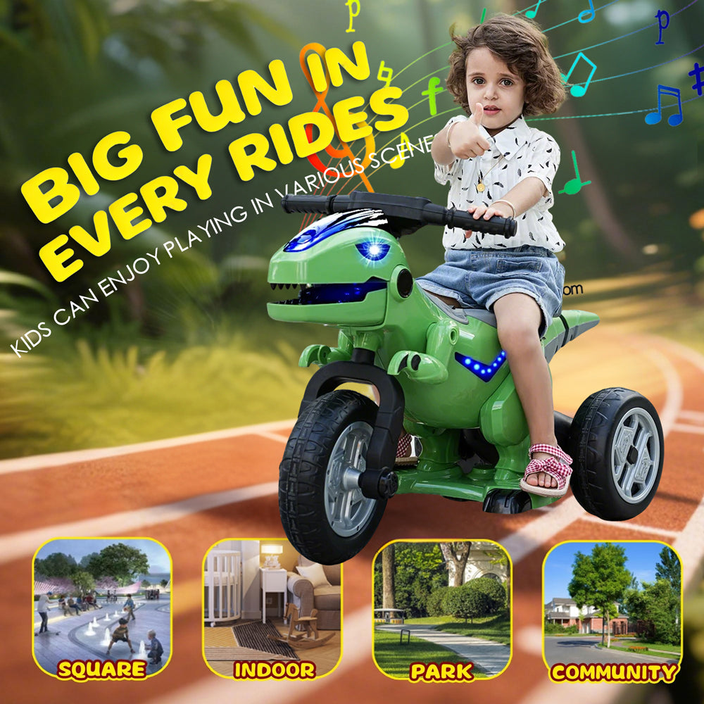 12V Kids Electric Motorcycle 3 Wheels Dinosaur Car Dual Drive Ride On Car For Boys & Girls