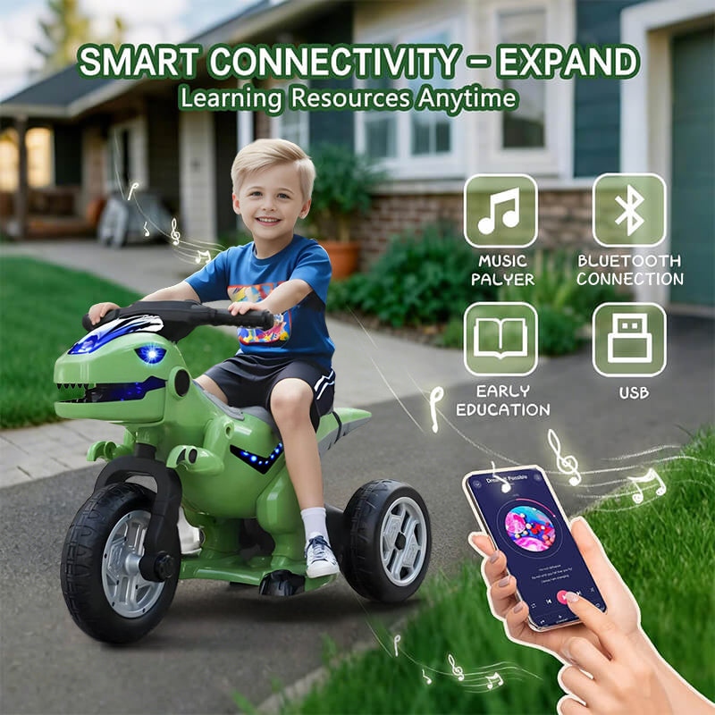12V Kids Electric Motorcycle 3 Wheels Dinosaur Car Dual Drive Ride On Car For Boys & Girls