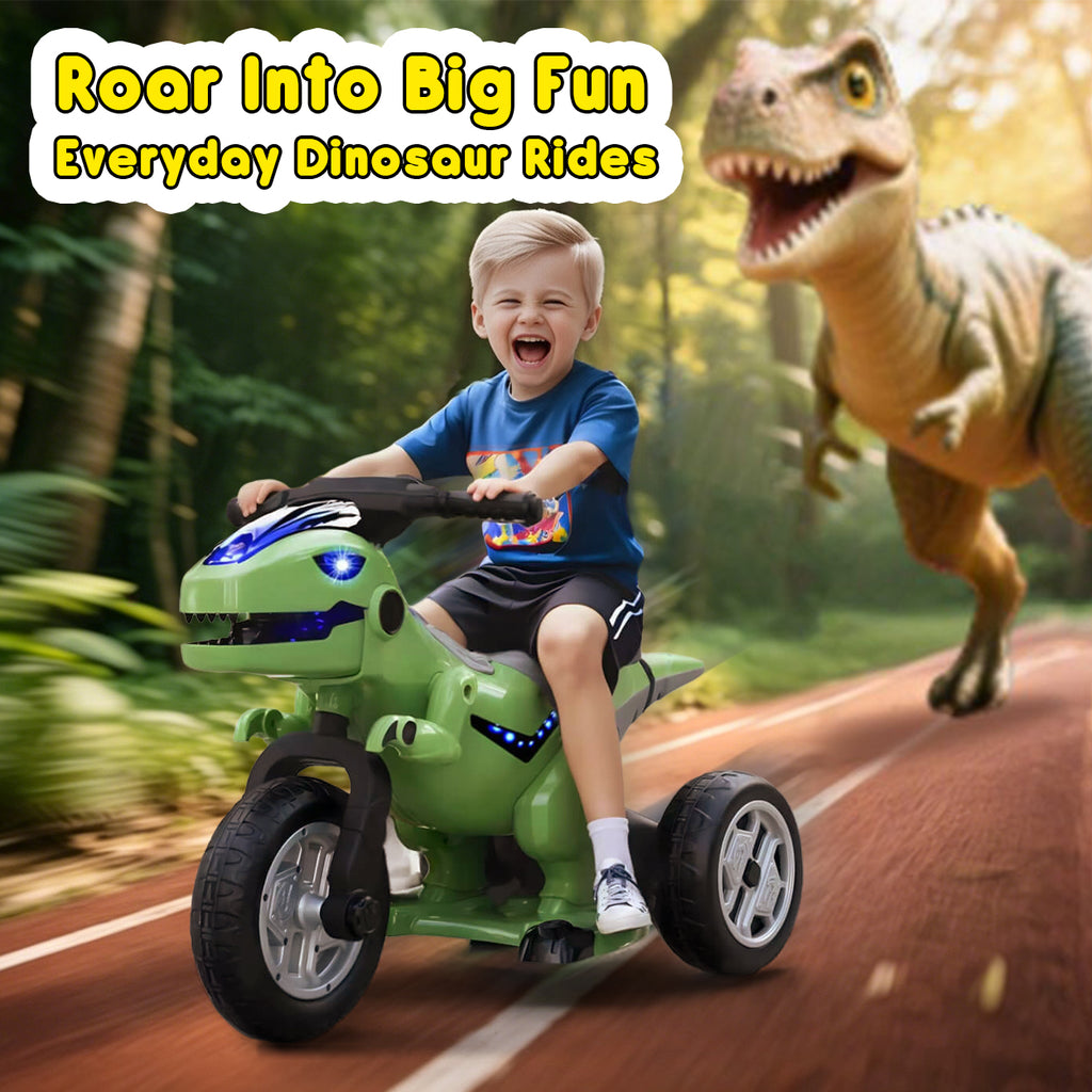 12V Kids Electric Motorcycle 3 Wheels Dinosaur Car Dual Drive Ride On Car For Boys & Girls