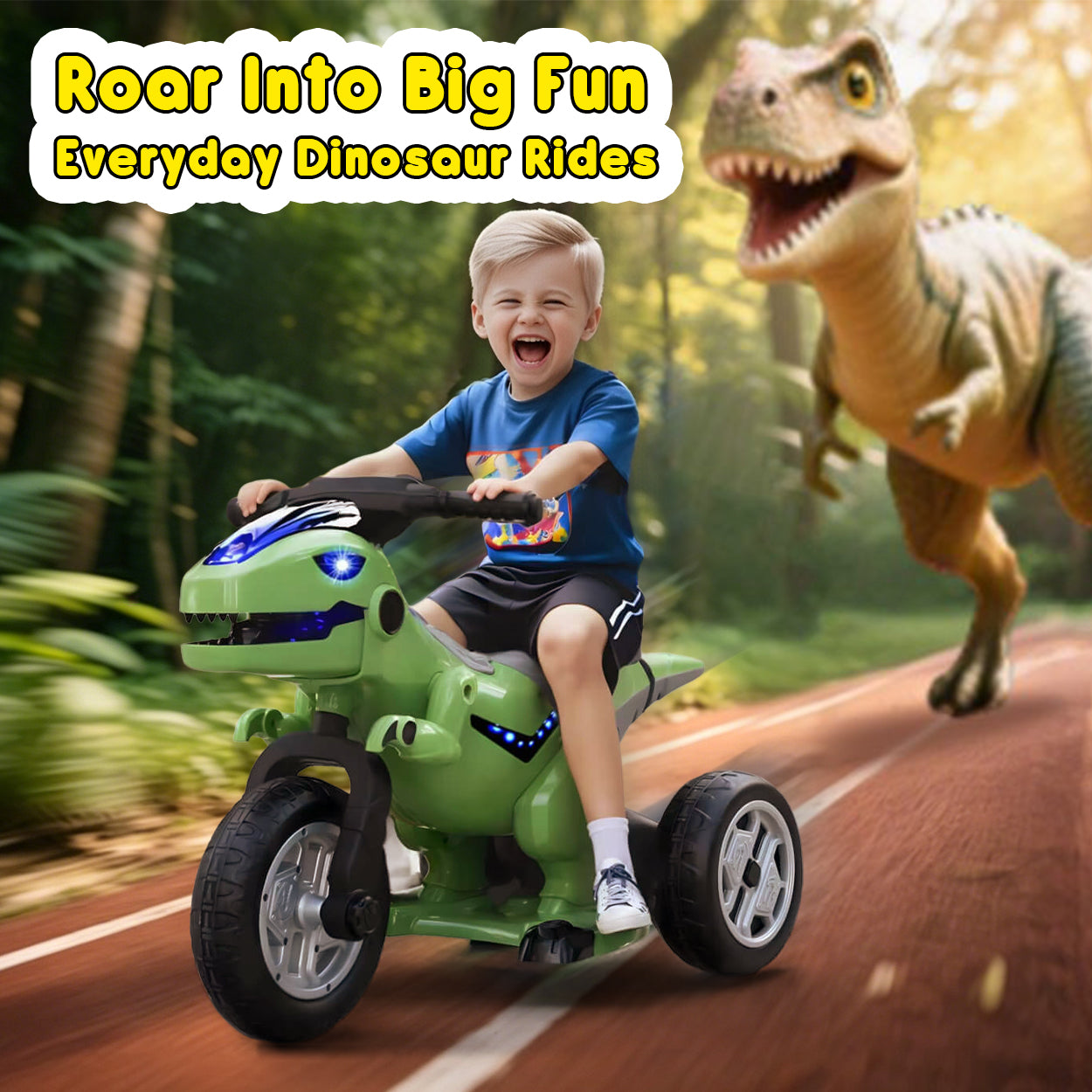 12V Kids Electric Motorcycle 3 Wheels Dinosaur Car Dual Drive Ride On Car For Boys & Girls