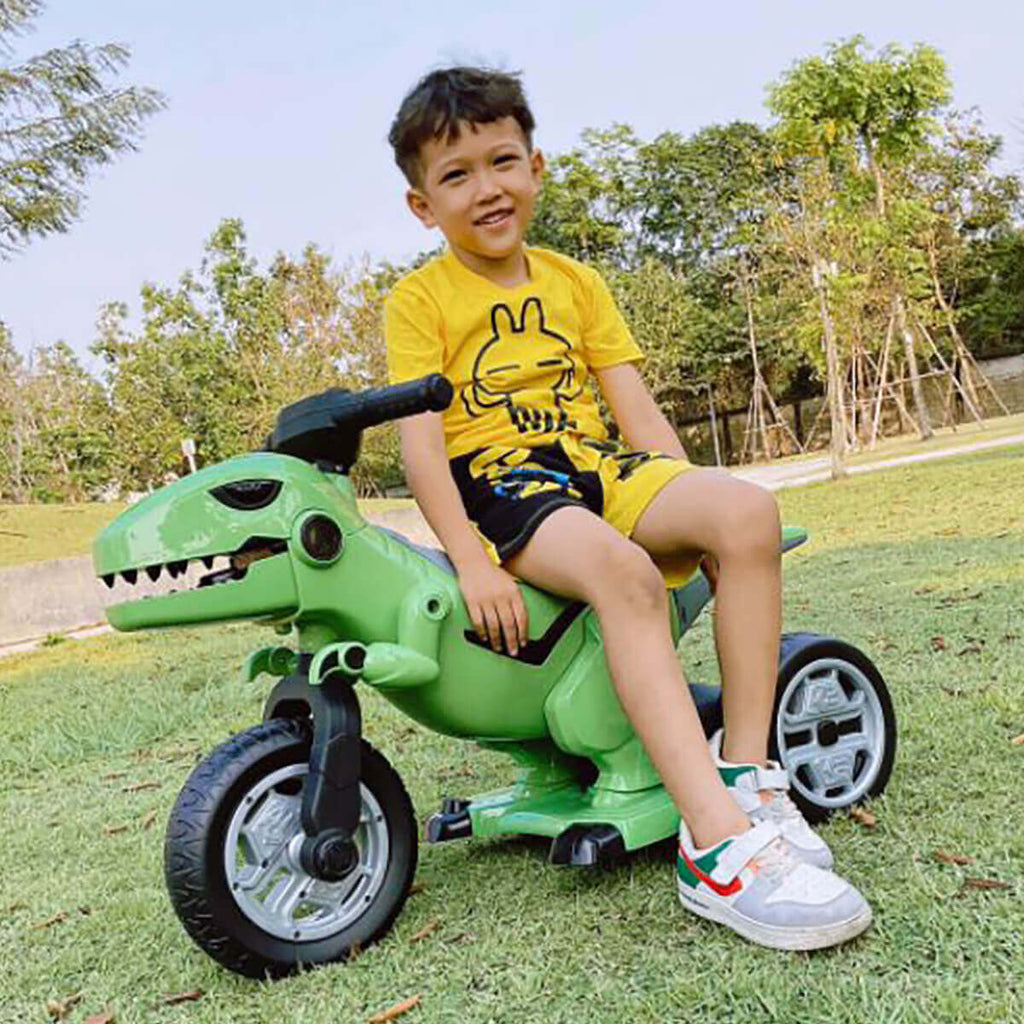 12V Kids Electric Motorcycle 3 Wheels Dinosaur Car Dual Drive Ride On Car For Boys & Girls
