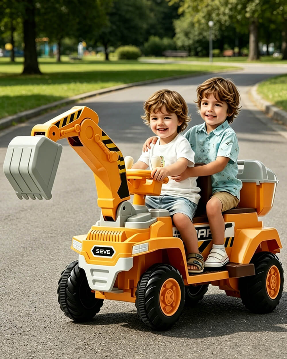 12V Kids Ride-On Excavator 2-Seater Electric Construction Car with Electric Digging Arm and Smooth Start