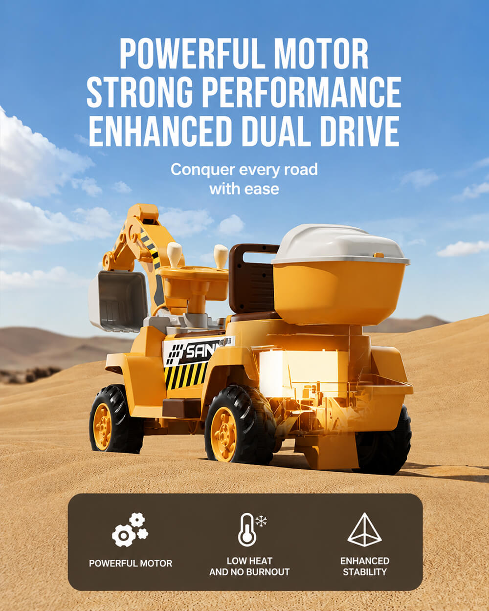 12V Kids Ride-On Excavator 2-Seater Electric Construction Car with Electric Digging Arm and Smooth Start