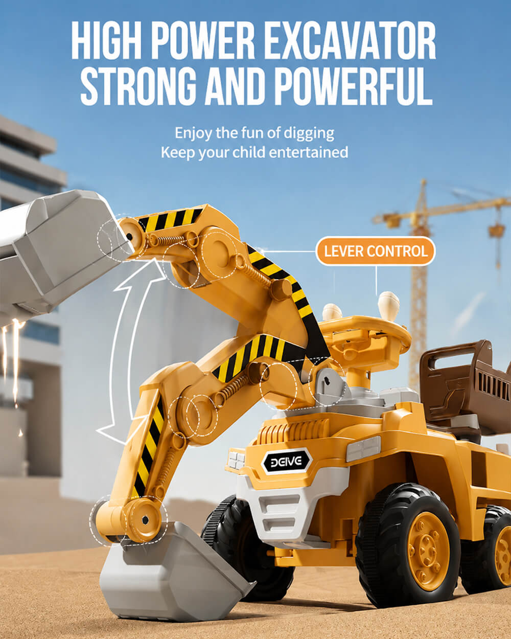 12V Kids Ride-On Excavator 2-Seater Electric Construction Car with Electric Digging Arm and Smooth Start