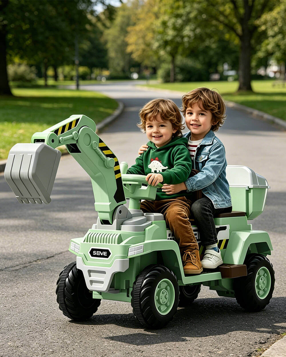 12V Kids Ride-On Excavator 2-Seater Electric Construction Car with Electric Digging Arm and Smooth Start