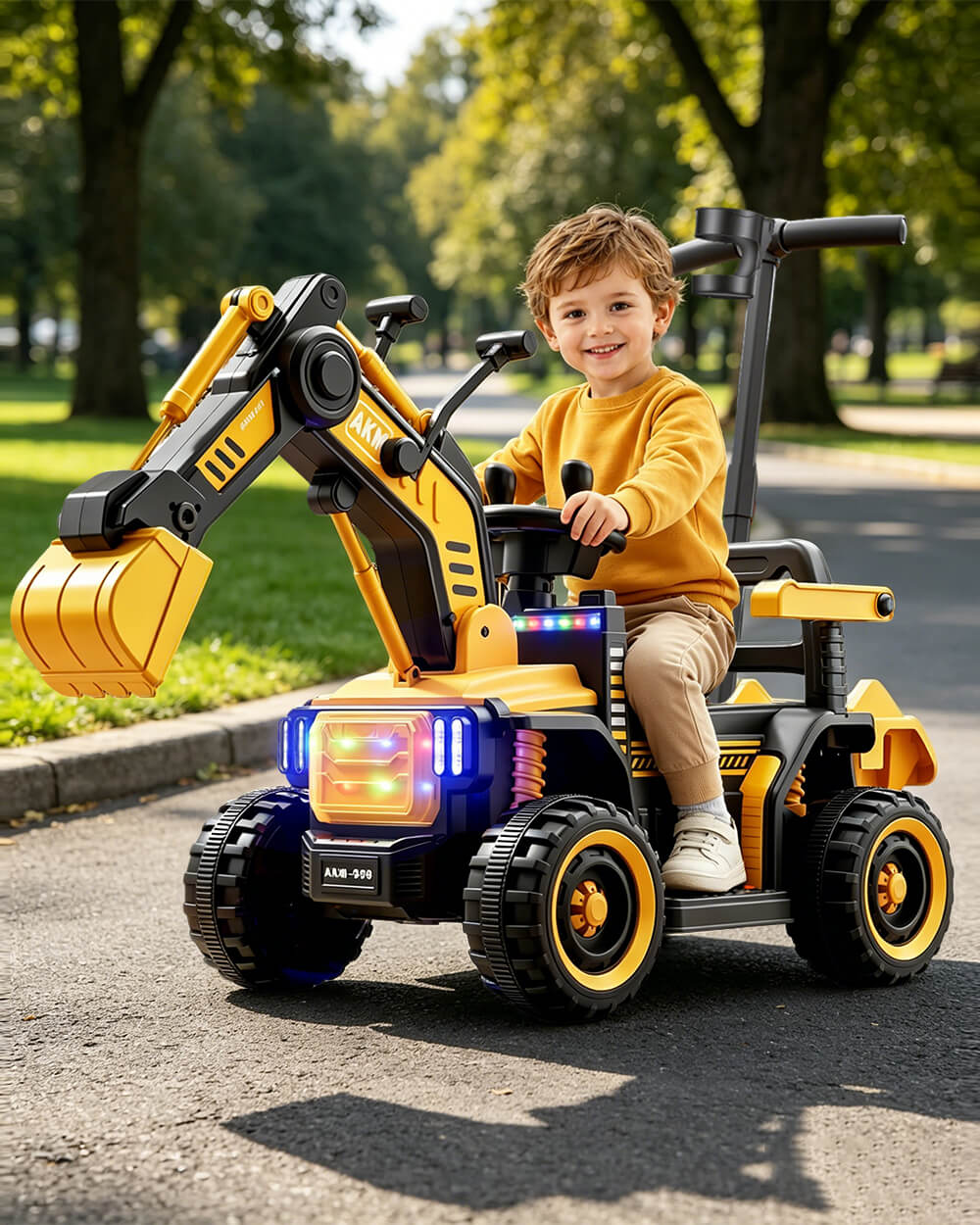 12V Electric Ride-On Excavator 3-in-1 Toddler Push Car with Adjustable Push Handle and Dual Control Digging Arm