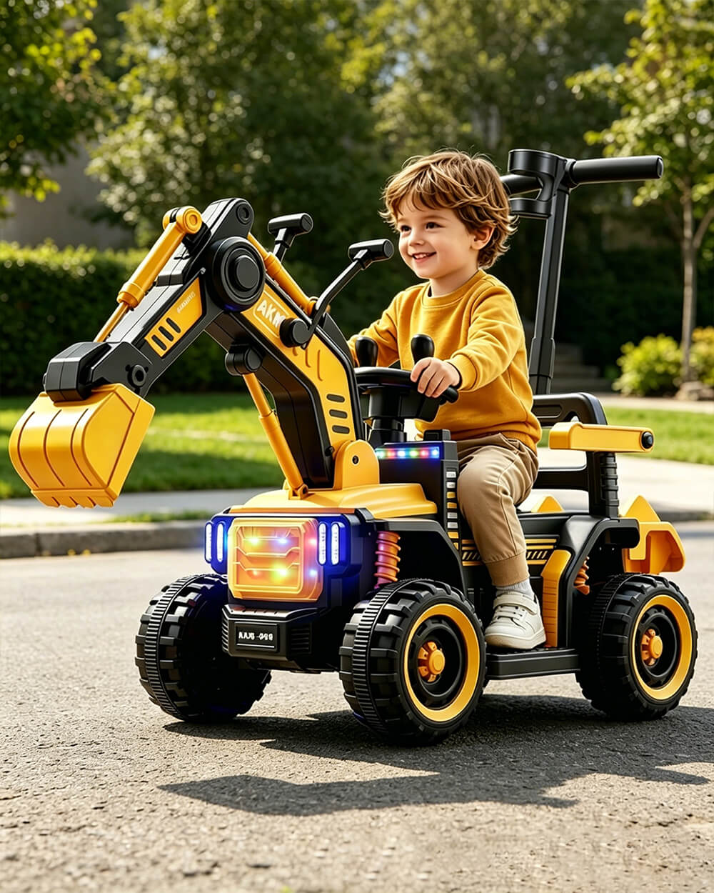12V Electric Ride-On Excavator 3-in-1 Toddler Push Car with Safety Soft Start and Dual Control Digging Arm