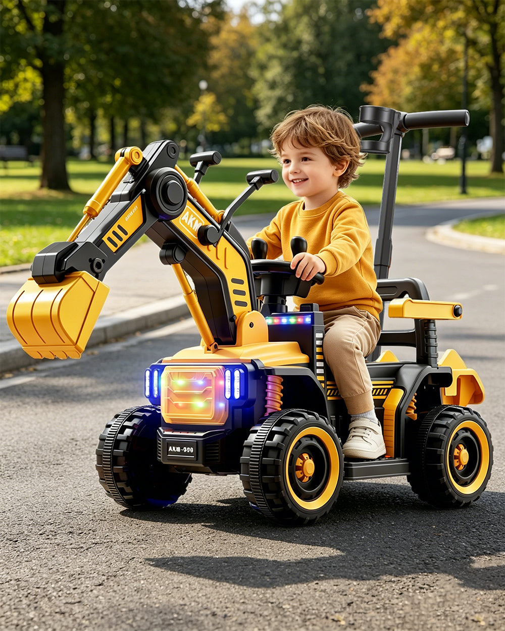 12V Electric Ride-On Excavator 3-in-1 Toddler Push Car with Adjustable Push Handle and Dual Control Digging Arm