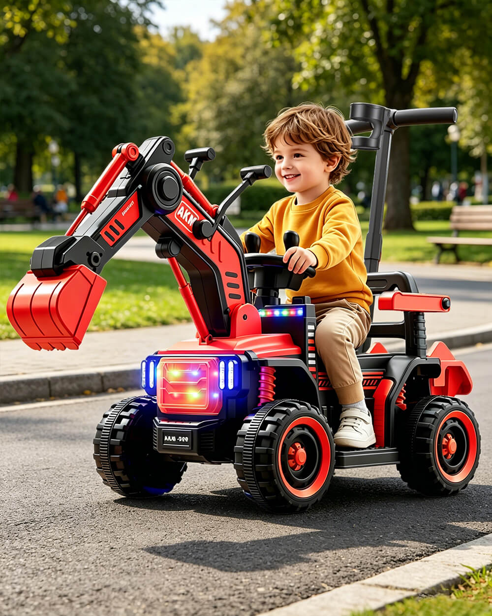 12V Electric Ride-On Excavator 3-in-1 Toddler Push Car with Adjustable Push Handle and Dual Control Digging Arm