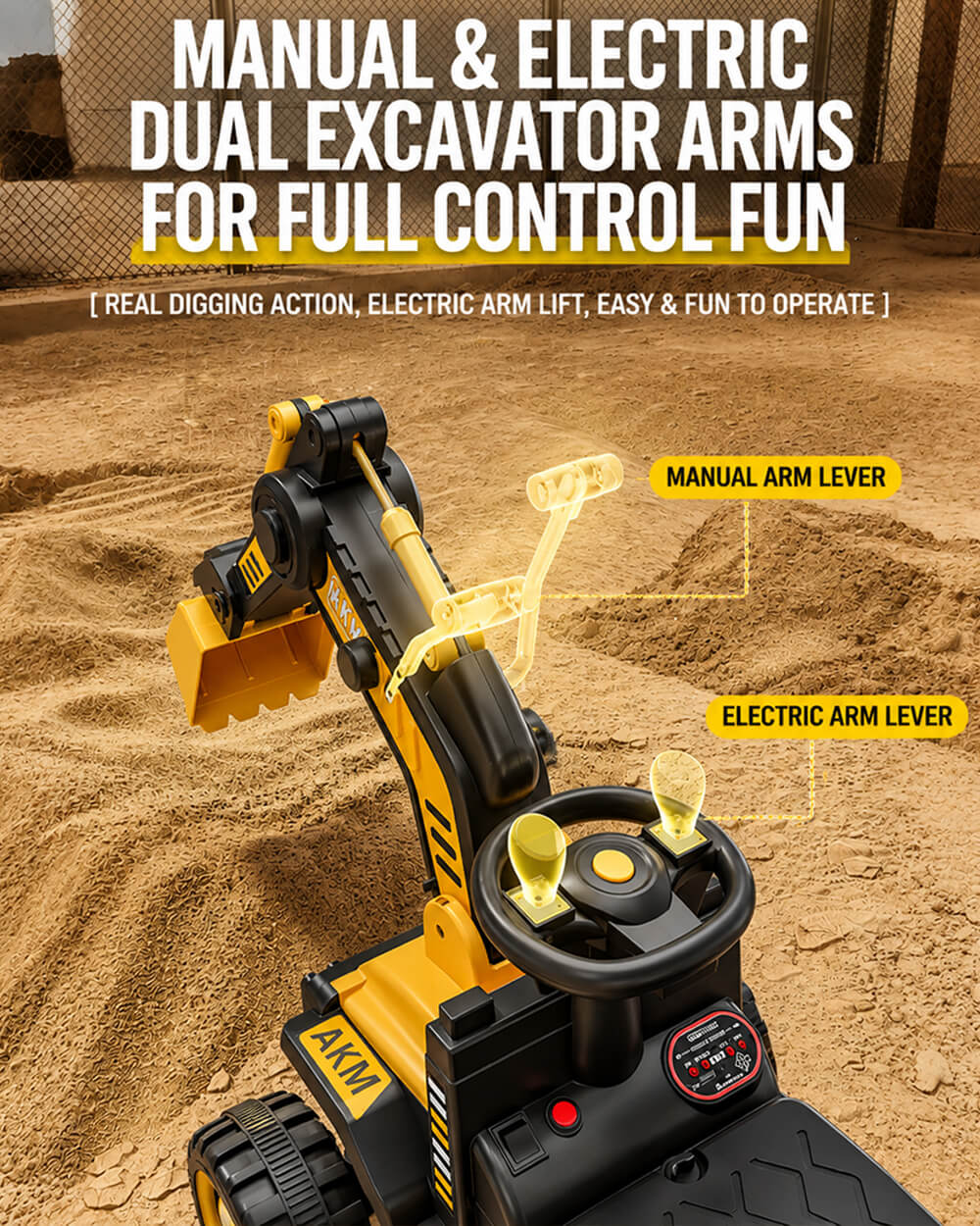 12V Kids Ride-On Excavator Battery Powered Electric Construction Car with Dual Control Digging Arm