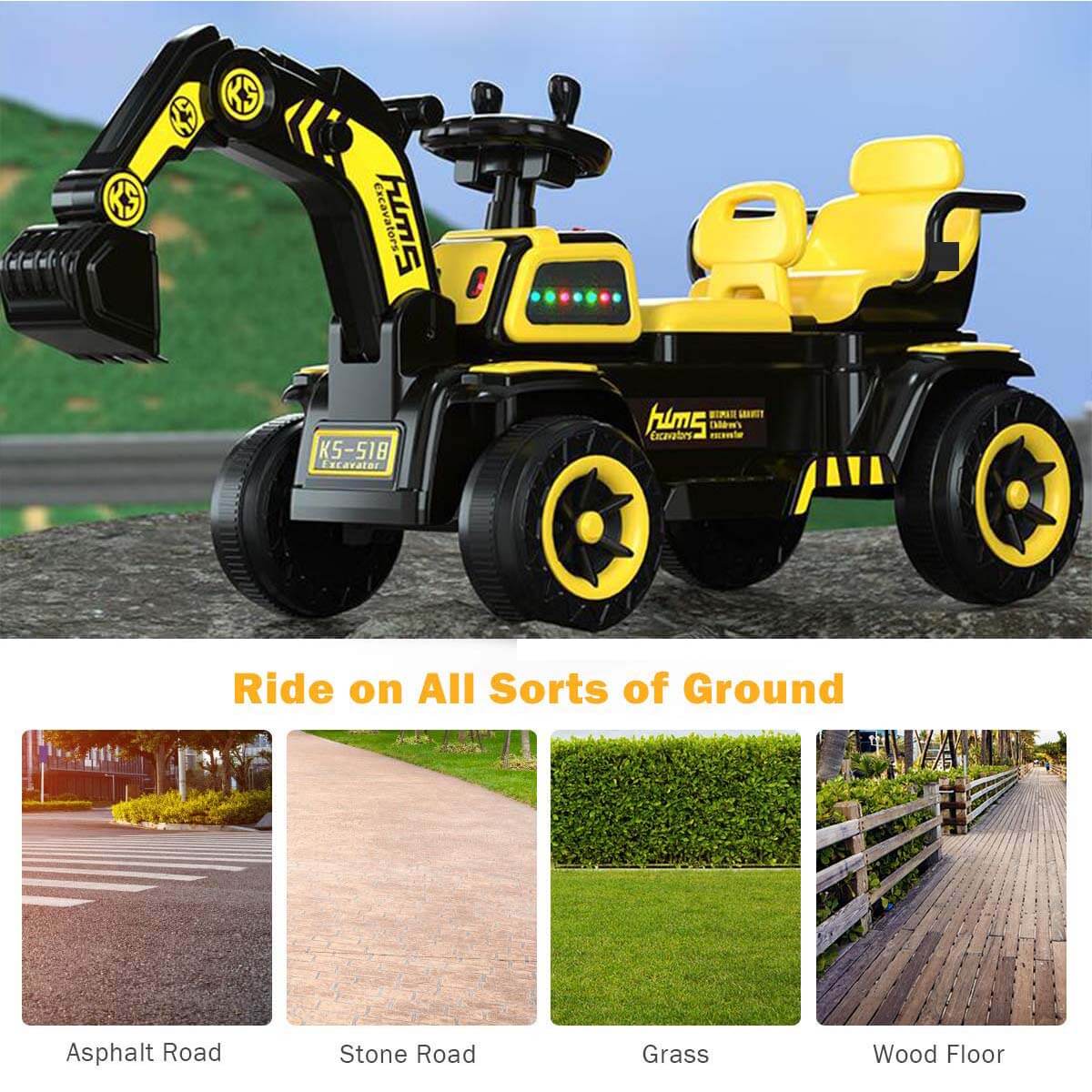 Kids Ride On Car Two Seats 12V Electric Excavator Dual Drive Ride On Excavator With Music Light