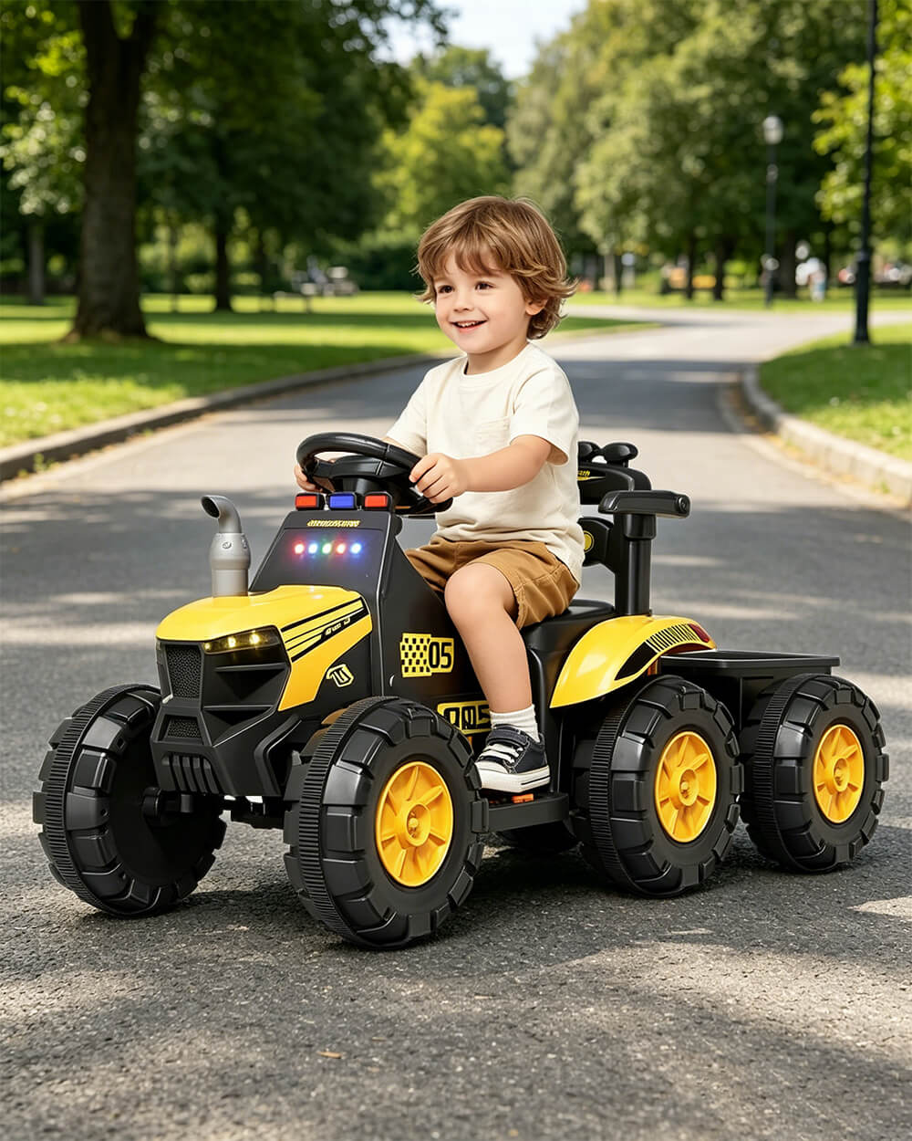 12V Kids Ride-on Tractor with Detachable Trailer Electric Ride on Car with Lights & Music