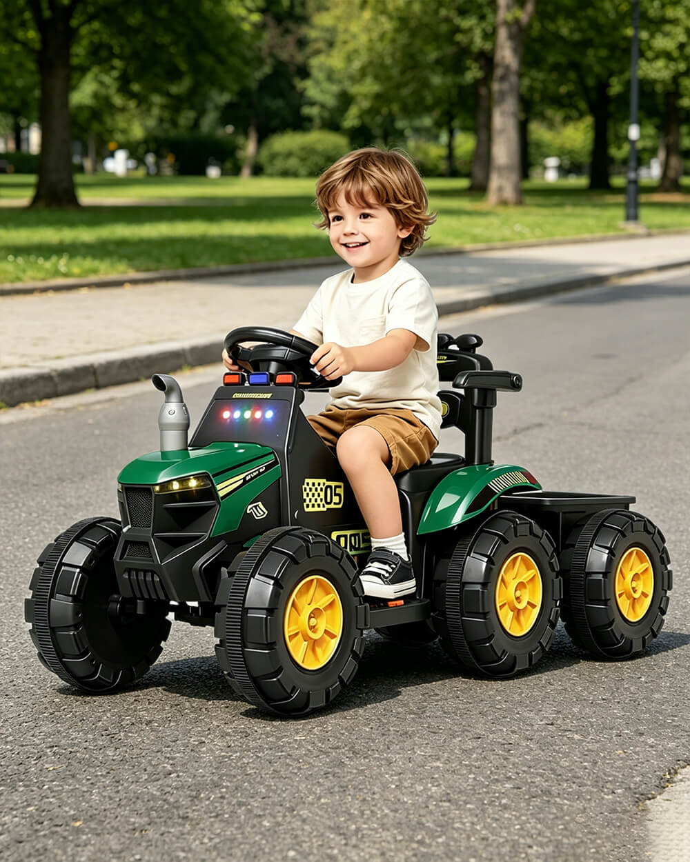12V Kids Ride-on Tractor with Detachable Trailer Electric Ride on Car with Lights & Music