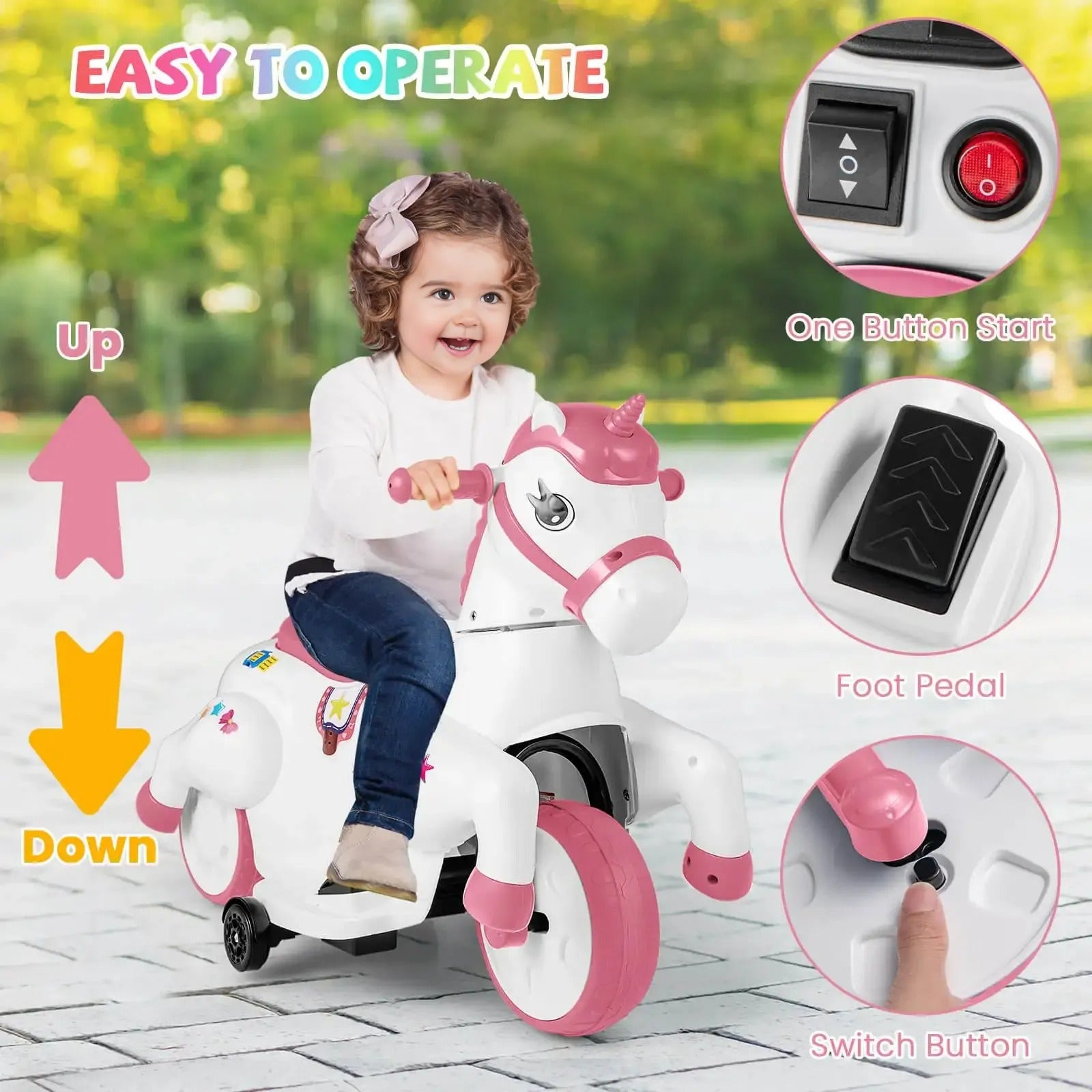 12V Kids Ride-On Toy with Training Wheels Dual Riding Modes Music Safety Horse Toy for Girls