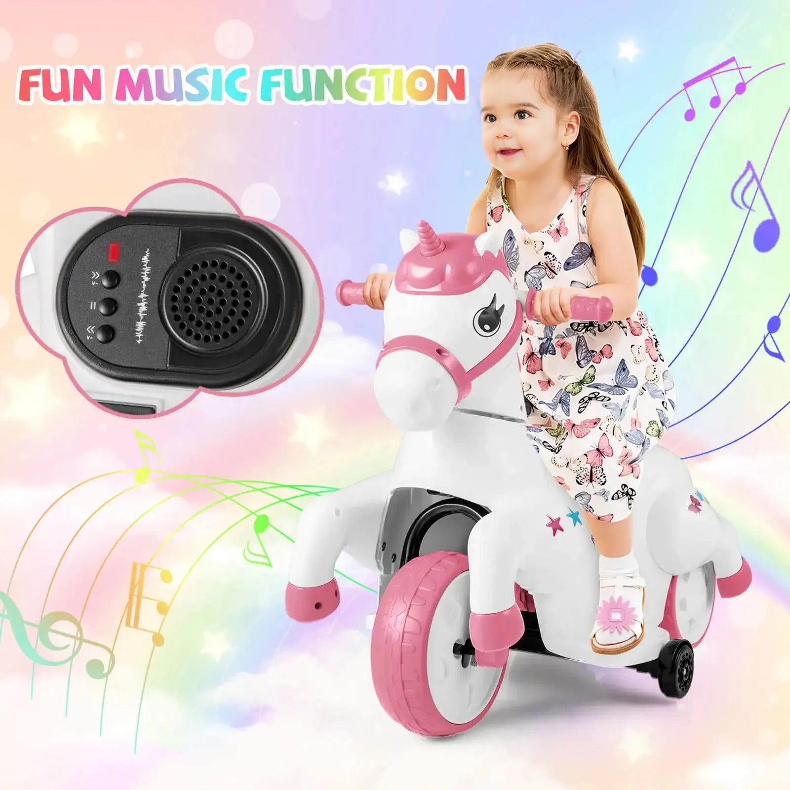 12V Kids Ride-On Toy with Training Wheels Dual Riding Modes Music Safety Horse Toy for Girls