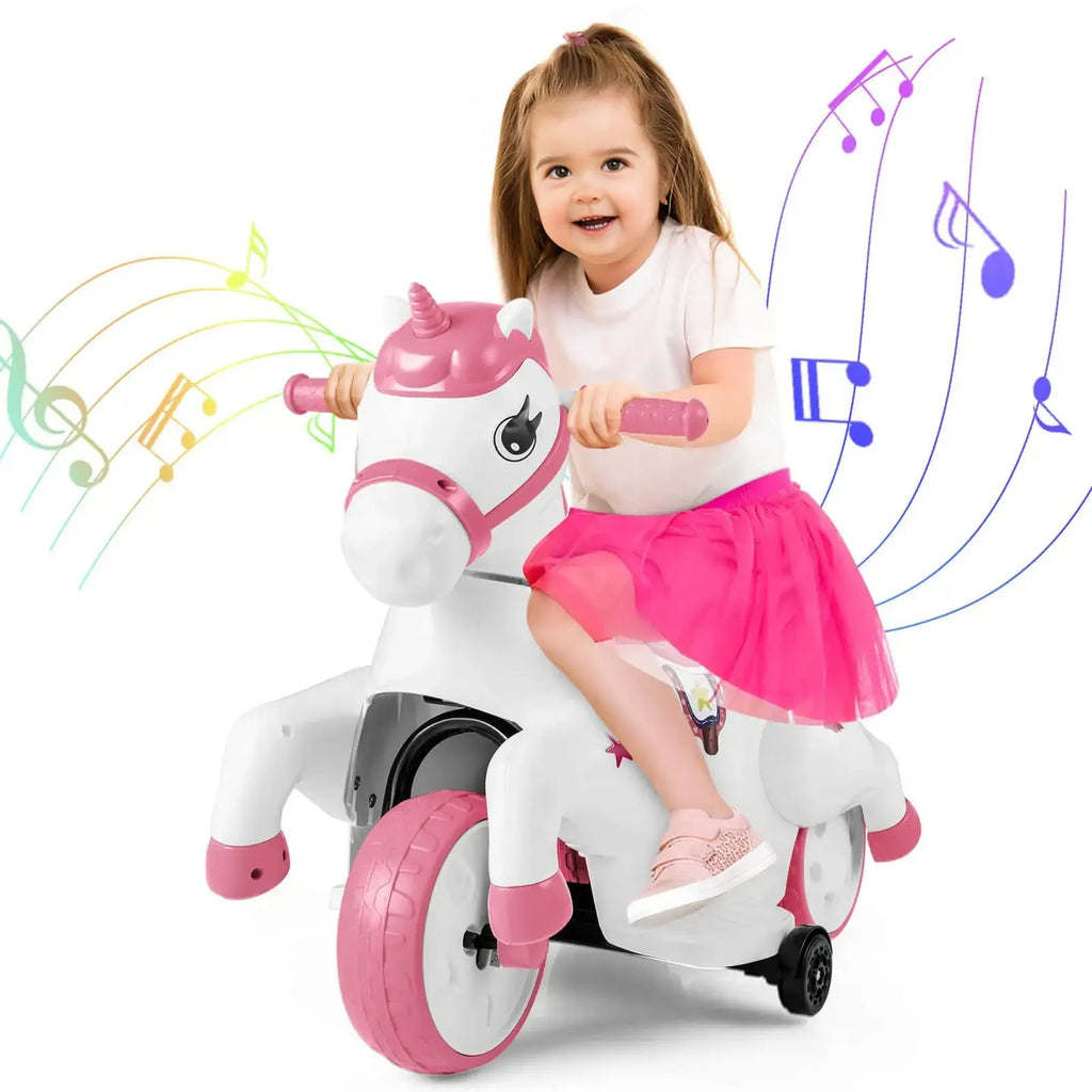 12V Kids Ride-On Toy with Training Wheels Dual Riding Modes Music Safety Horse Toy for Girls