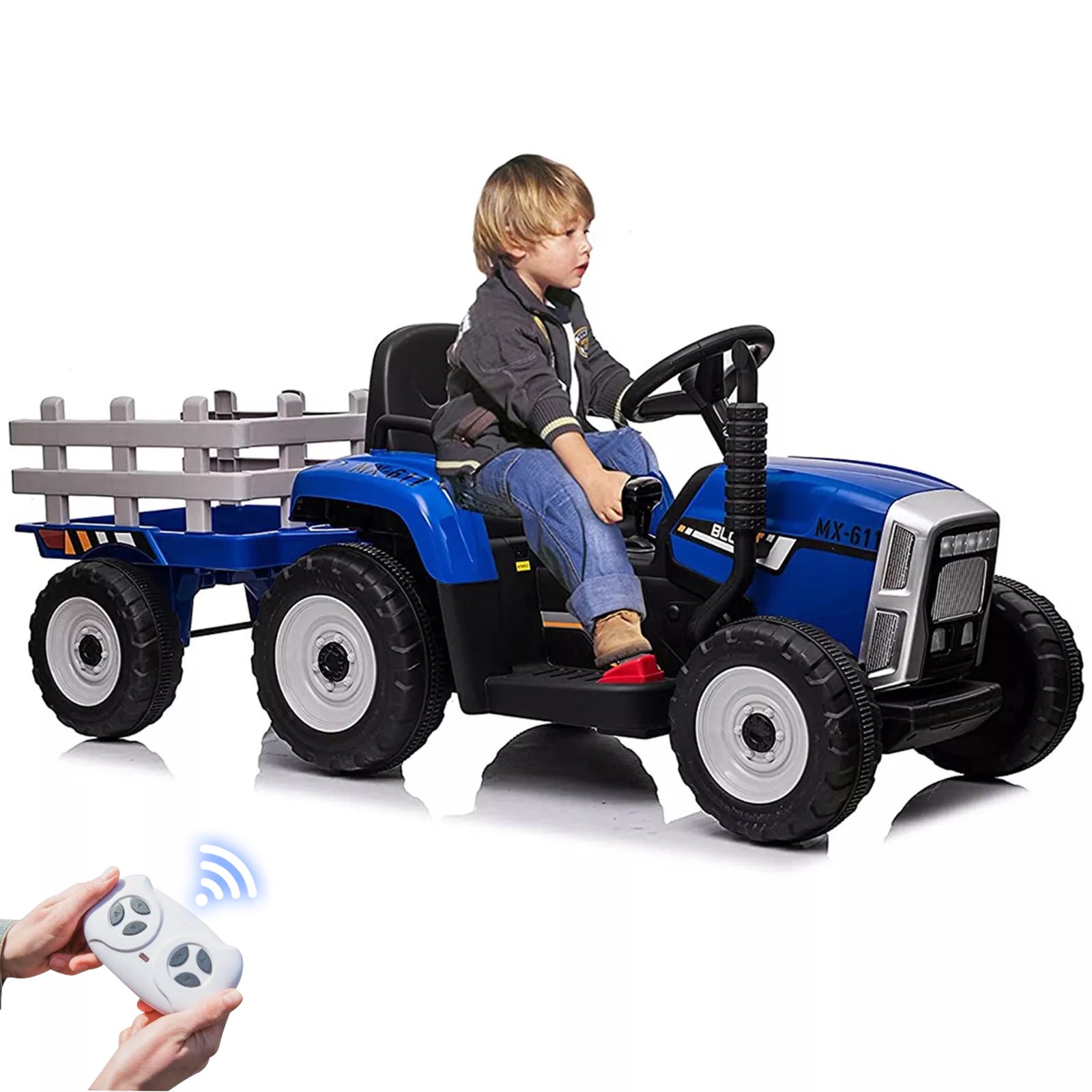 12V Kids Ride-On Tractor with Trailer & Remote Control Battery Powered Electric Car Toy with LED Lights, Horn, and Real Tractor Sounds