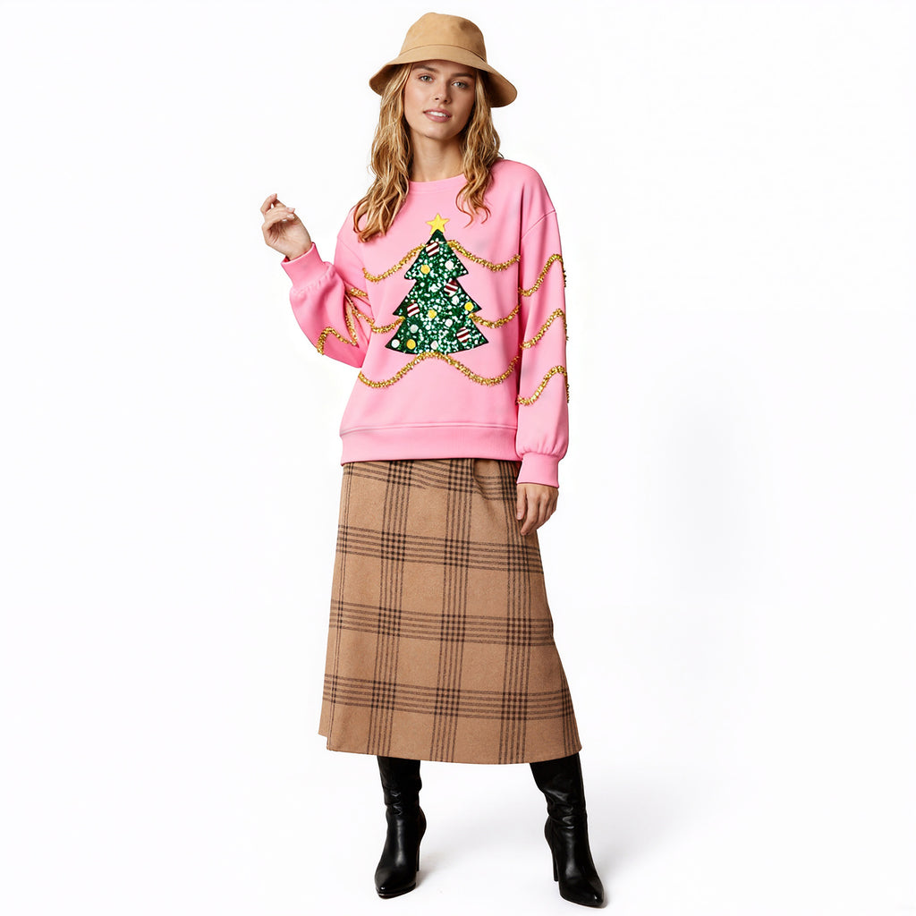 Women Christmas Top Holiday Party Outift Sequin Xmas Tree and Stripes Sweatshirt
