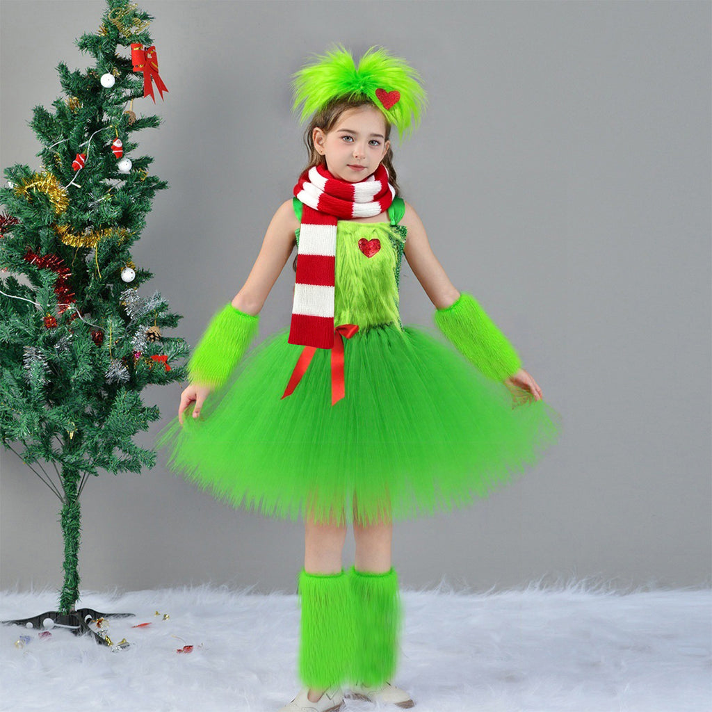 Girls Xmas Costume Green Dress Scarf with Warmers Full Set Perfect Christmas Gift