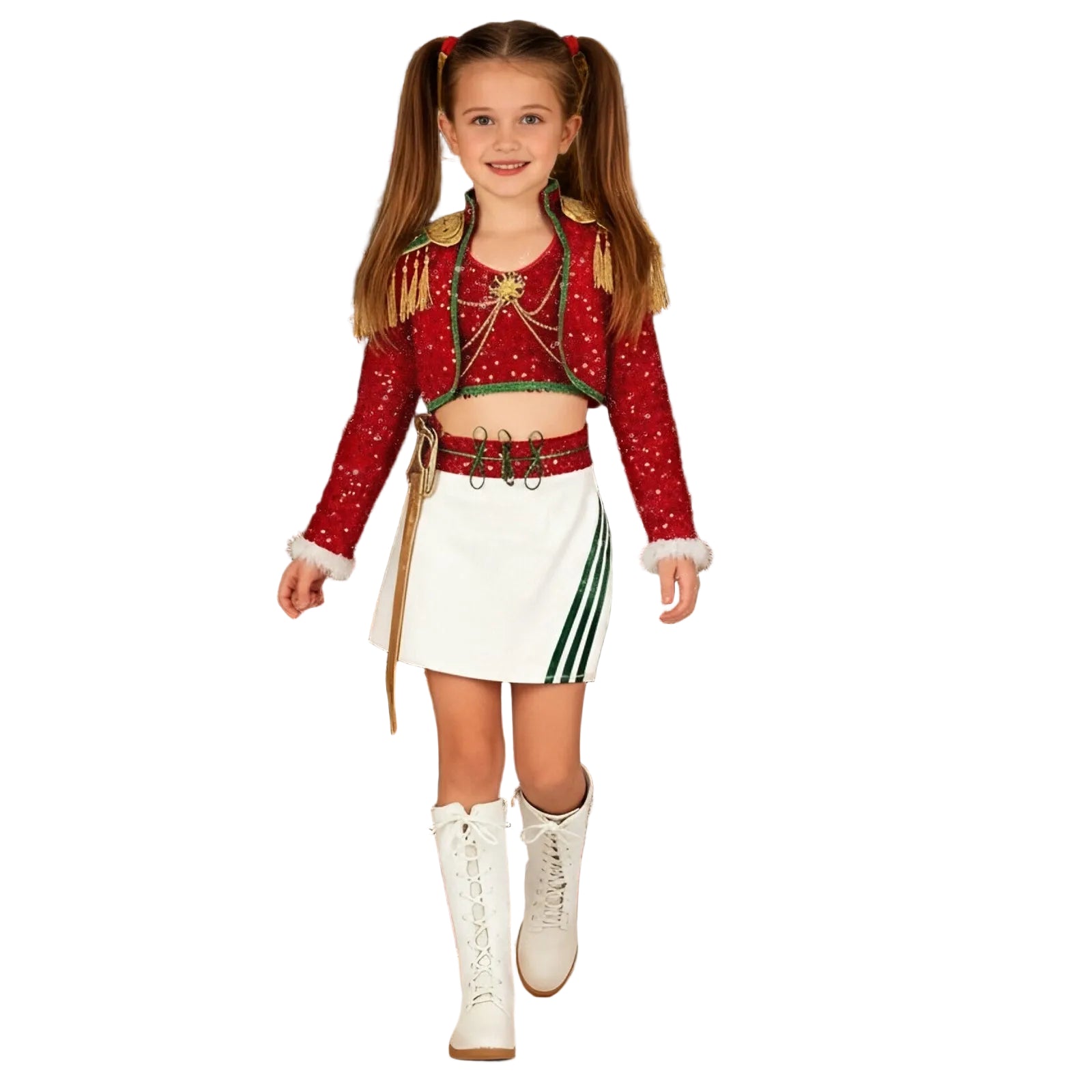 Xmas Pop Star Dress Festive Sequin Costume Tassel Crop Top Skirt Party Set