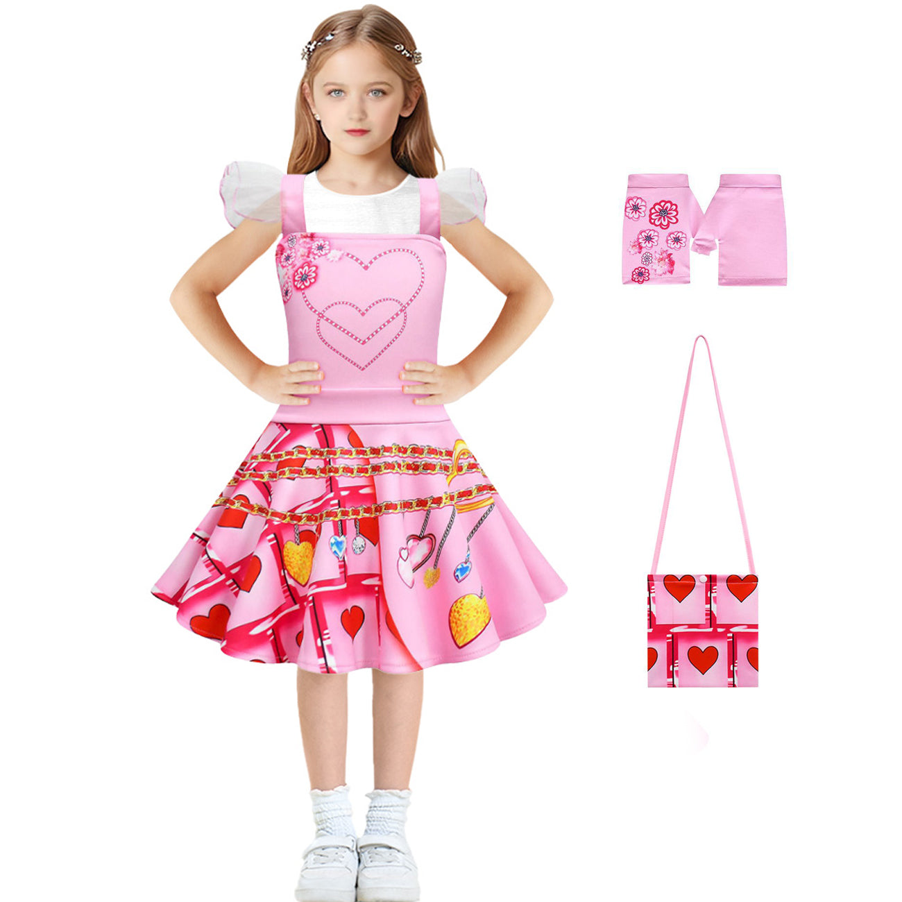 Girls Bridget Costume Queen of Hearts Pink Fly Sleeve Party Dress Bag and Gloves