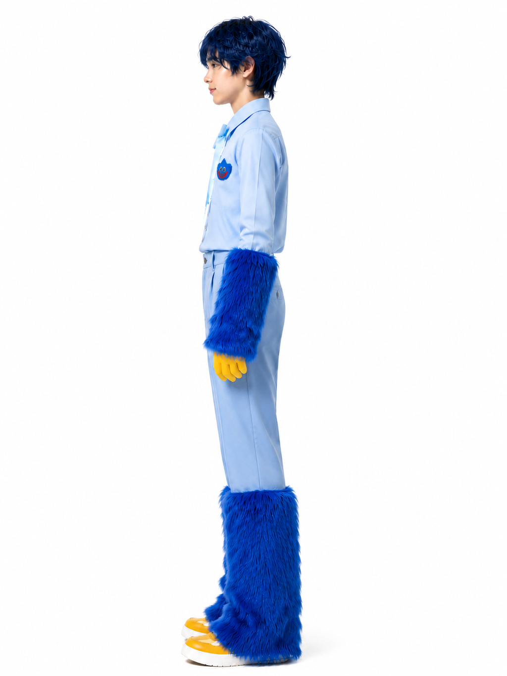 Blue Monster Costume Scary Toy Factory Uniform Set with Fuzzy Cuffs for Kids Adults Themed Party