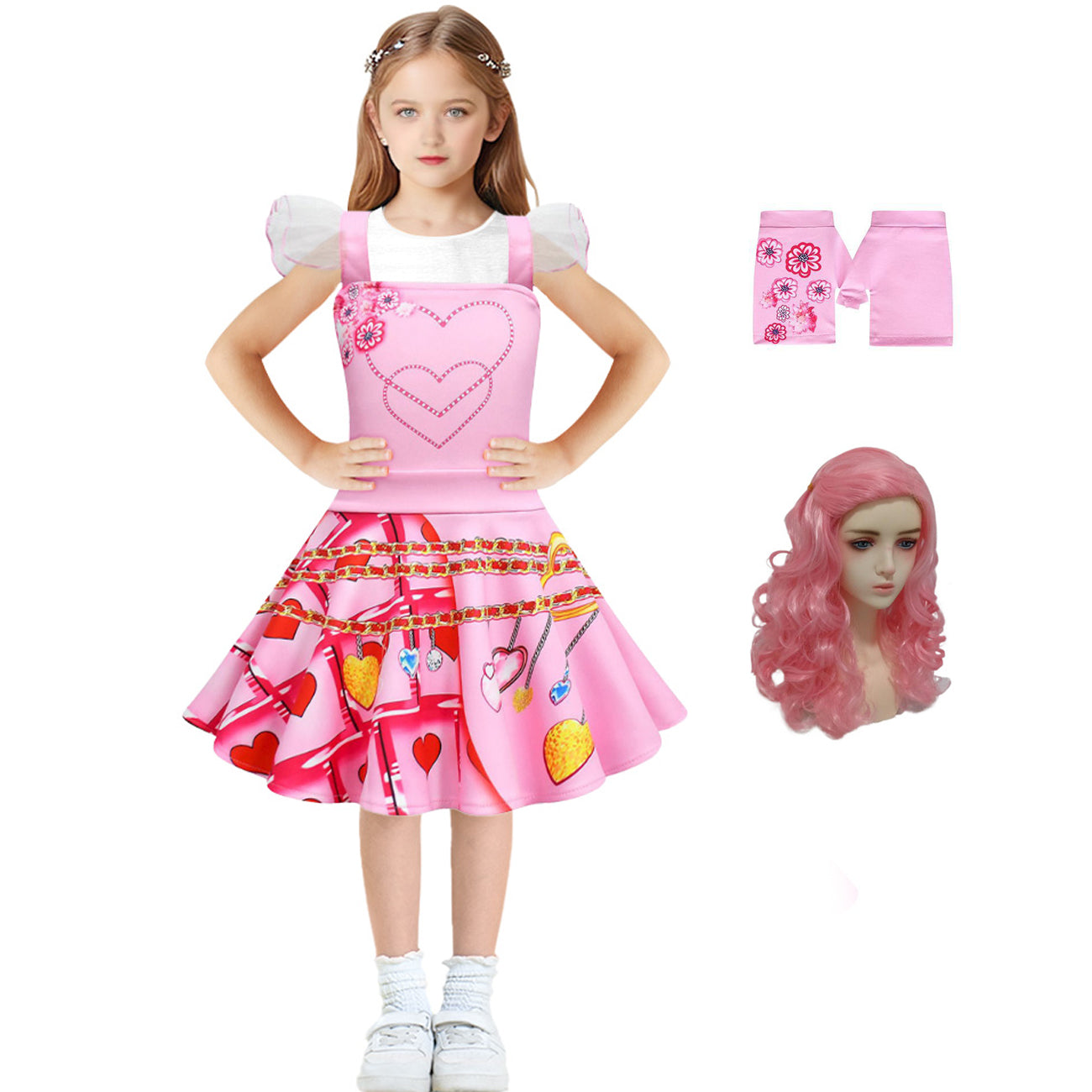 Girls Bridget Costume Queen of Hearts Pink Fly Sleeve Party Dress Bag and Gloves