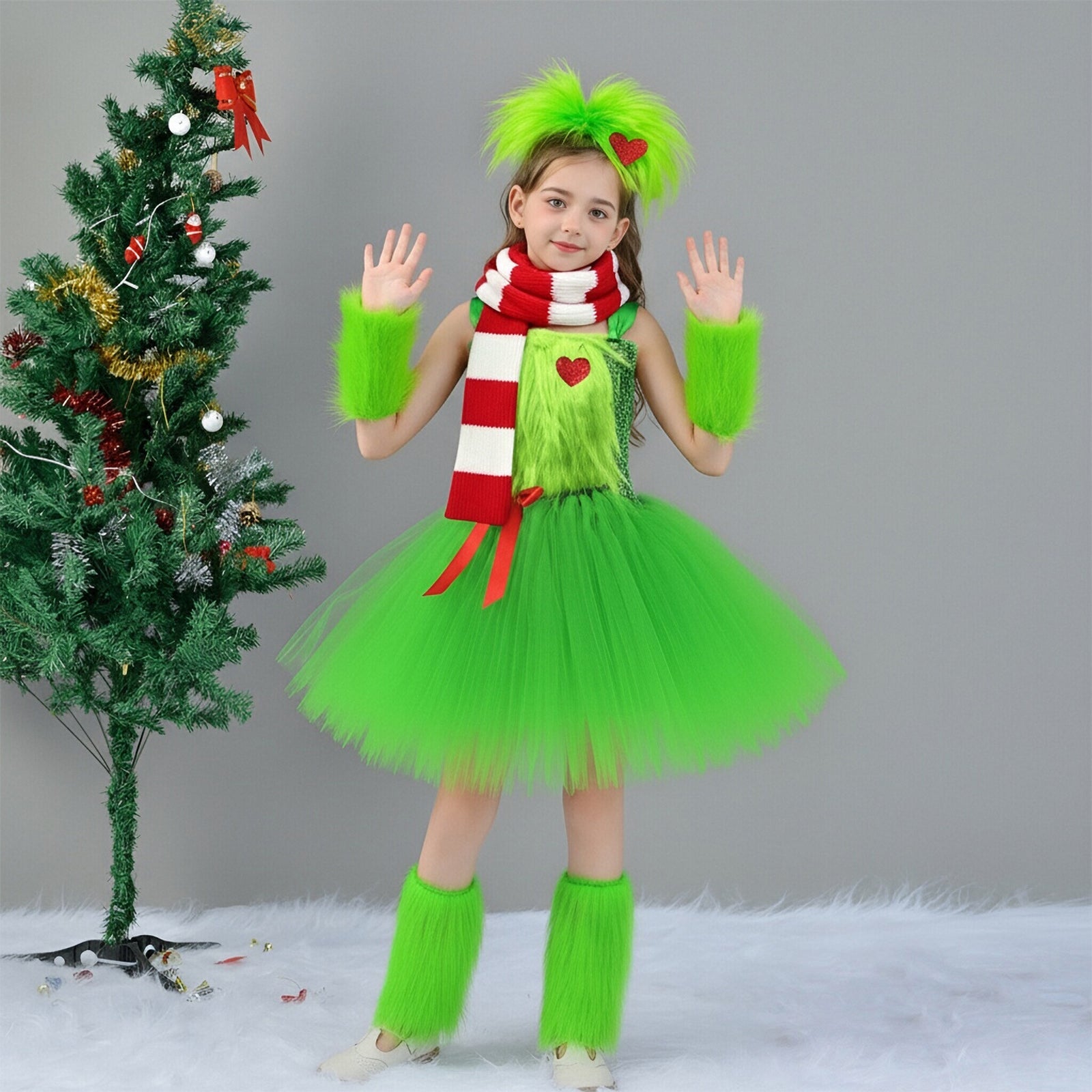 Girls Xmas Costume Green Dress Scarf with Warmers Full Set Perfect Christmas Gift