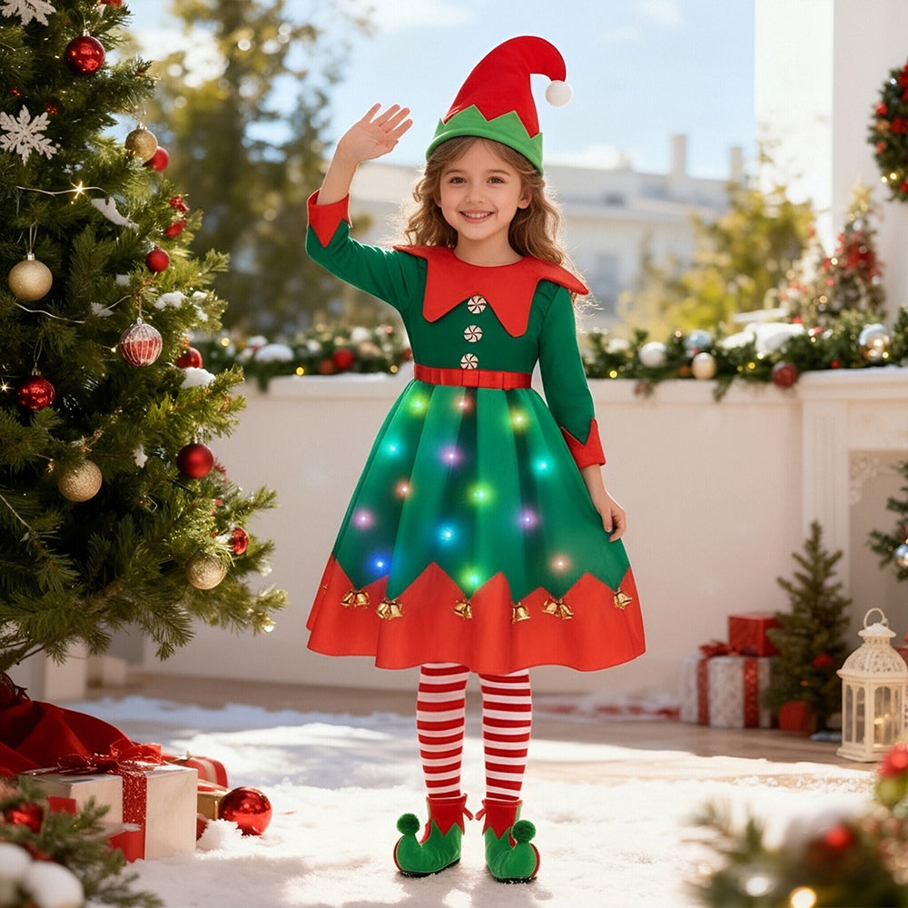 Girls Xmas Light Up Dress Elf Chrismtas Costume with Hat Socks Shoes Covers Full Set