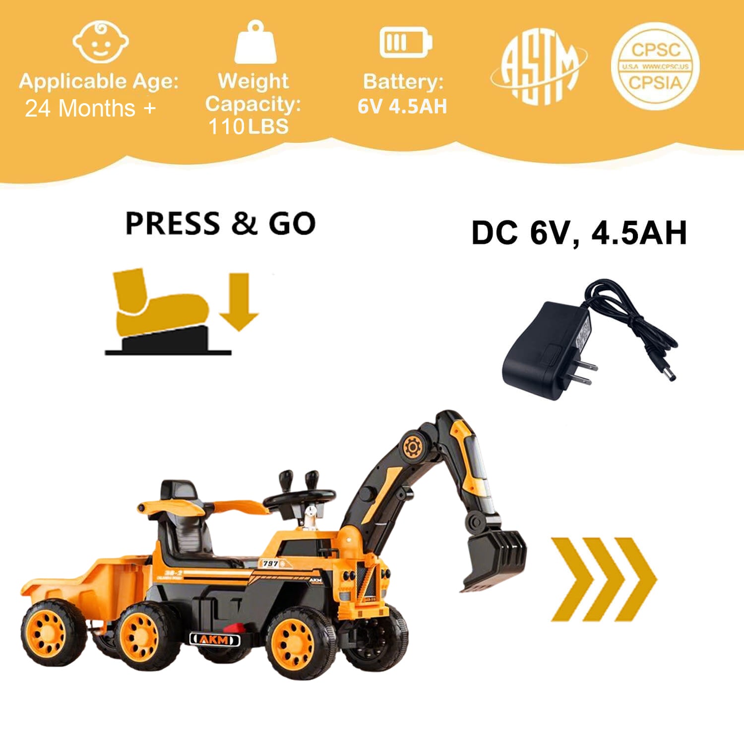 3-In-1 Toddler 6V Ride-On Push Car Kids 4WD Rechargeable Excavator with Fully Electric Digging Arm