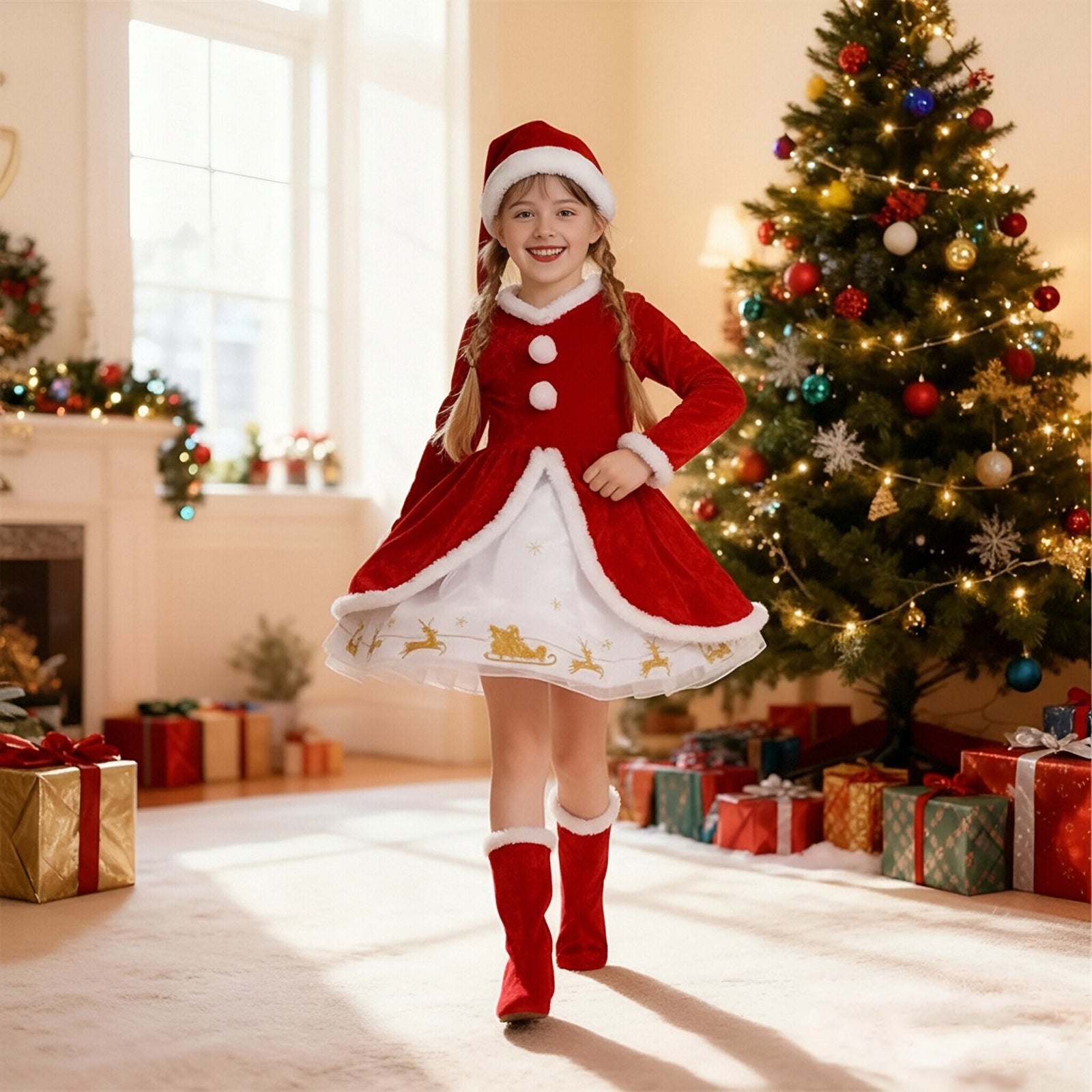 Girls Christmas Dress Soft Velvet Santa Costume Holiday Long Sleeve Party Outfit