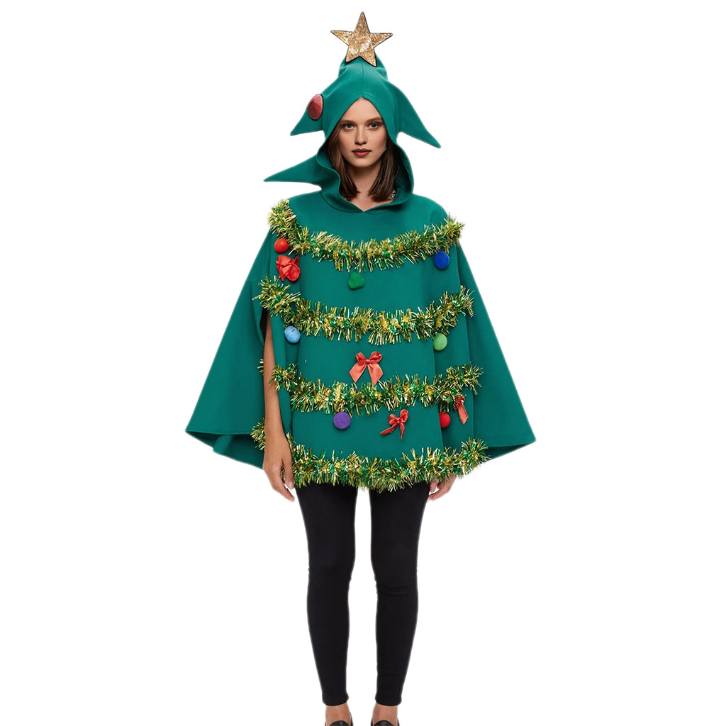 Women Christmas Tree Costume Shiny Sequin Hoodie Cape For 2023 Christmas Party
